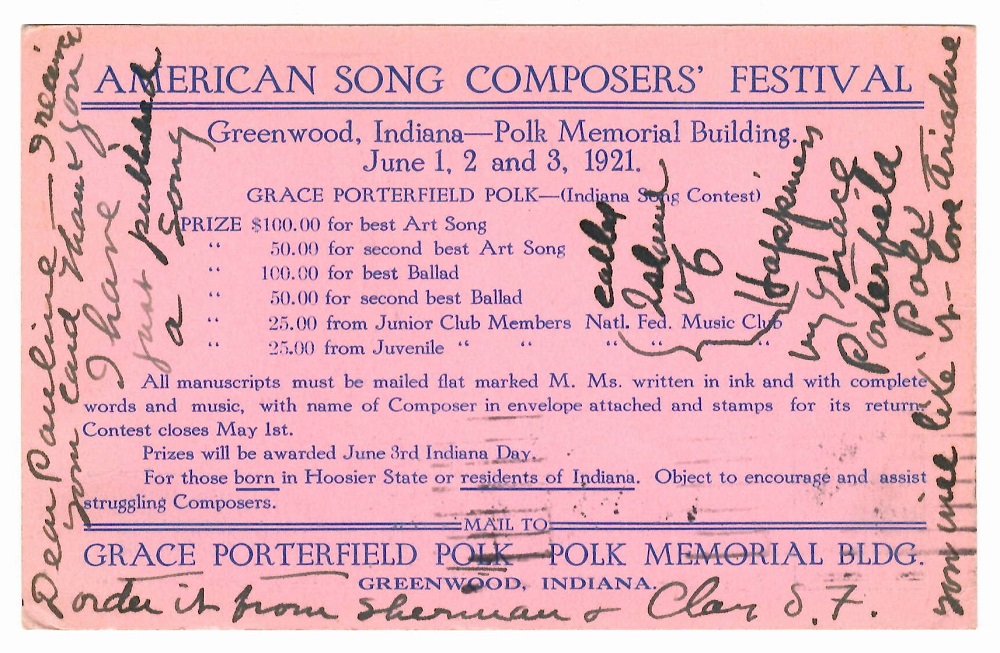 Postcard with text about the American Song Composers' Festival and Grace Porterfield's new song, "Island of Happiness"