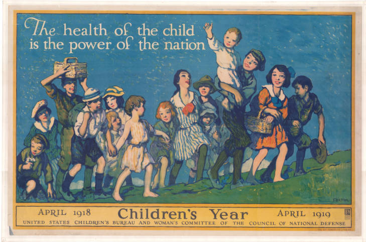 A painting for the U.S. Children's Bureau and Woman's Committee of the Council of National Defense, April 1918-1919. Children all walk up a hill together underneath the slogan: "The health of the child is the power of the nation."