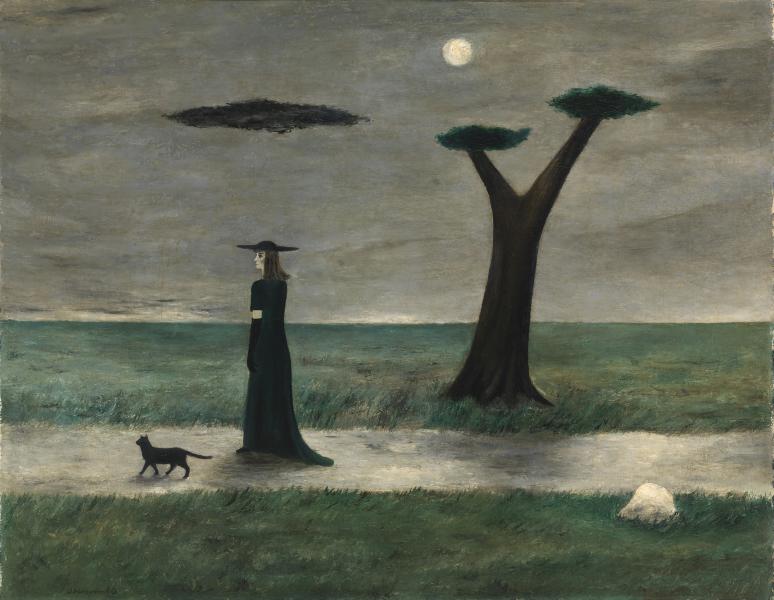 Oil painting using muted greens and greys as well as black depicting a women dressed in black walking past a tree on a path with a cat.