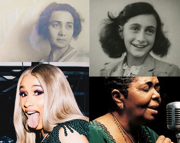 Collage containing pictures of Ivanka Milojević, Anne Frank, Cardi B, and Cesaria Evora.