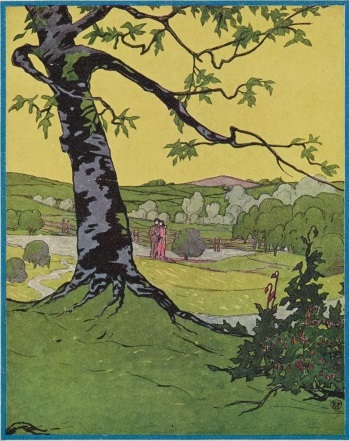 Illustrated picture of a tree with a meadow behind it. It contains many shades of green.