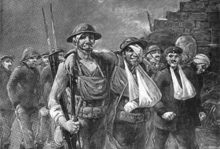 Black and white drawing of soldiers marching out of battle. Many are bandaged, but they are smiling.