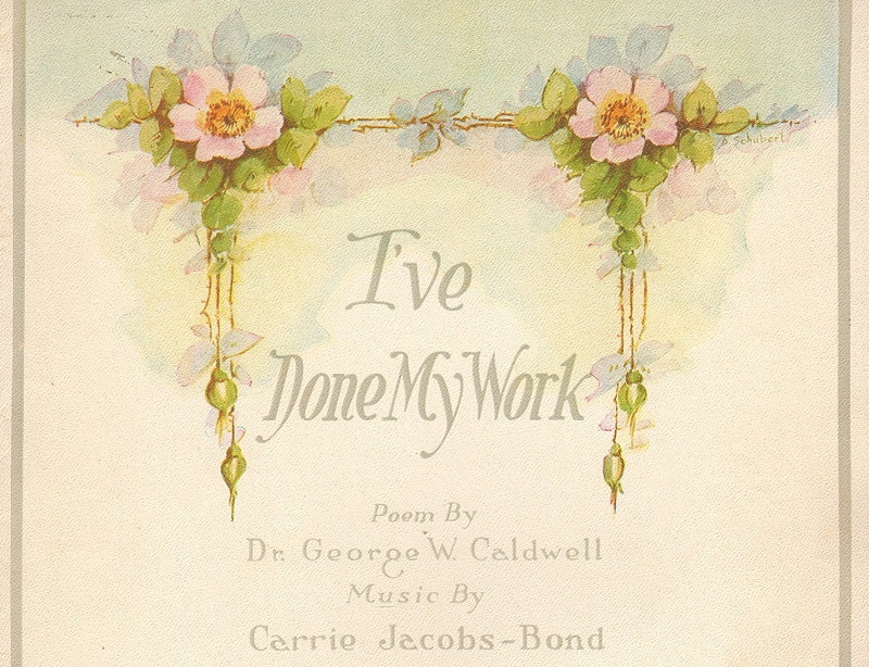 Text saying "I've Done My Work" is between two hanging vines with pink flowers in each top corner.