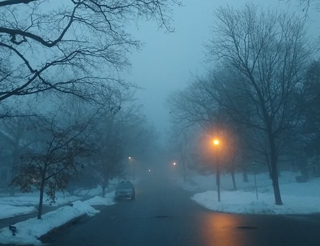 A snowy neighborhood street with bare trees and glowing streetlights.