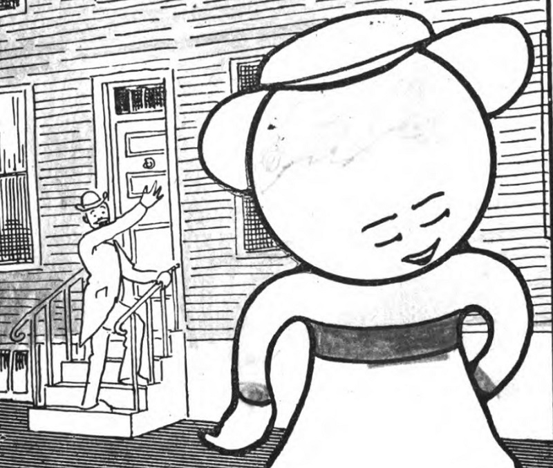 Black and white illustrative cartoon from the Goop Song book. A cartoon wearing a dress and hat has a very circular head.