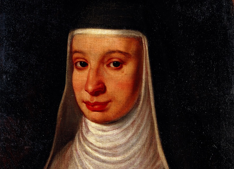 Painting of Suor Maria Celeste. She wears a nun's headdress and glances at the portrait artist.